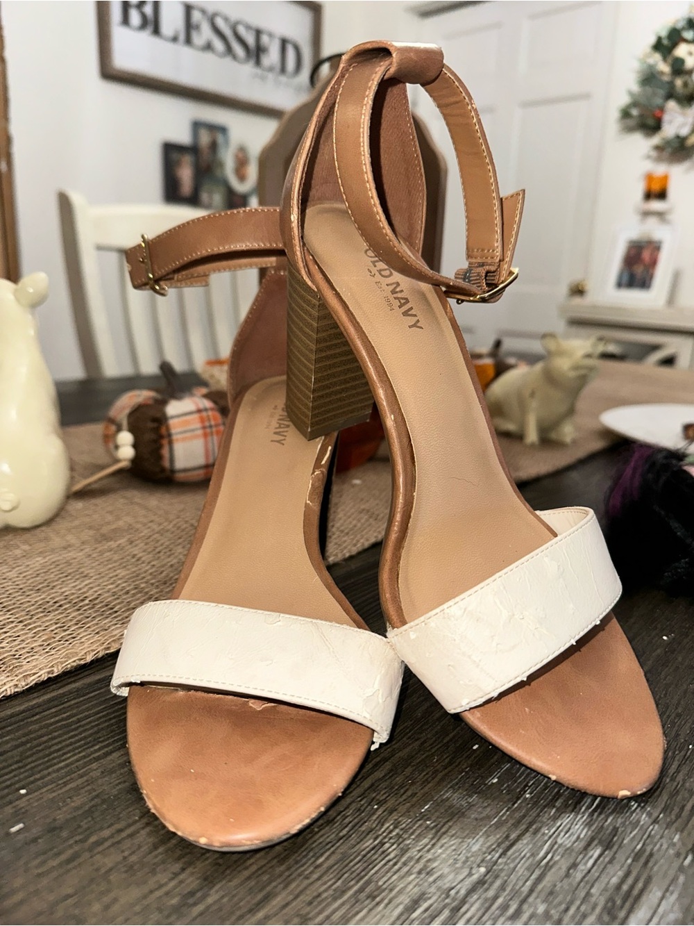 Old Navy Two-Tone Ankle Strap Block Heels in White and Tan